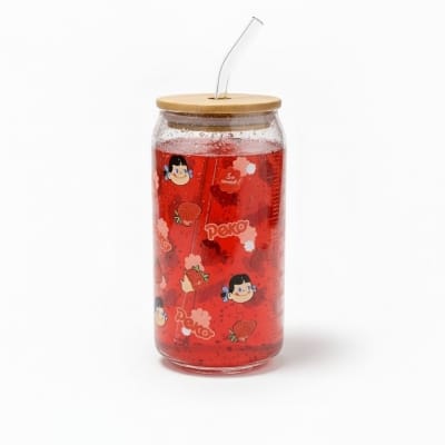 Picture of Official Fujiya Peko-chan Can Shaped Glass Tumbler Featuring Aesthetic Strawberry Graphics, Complete with Sustainable Bamboo Lid and Reusable Clear Glass Straw, Ideal 16oz Drinking Jar for Iced Coffee and Fruit Smoothies.-Multicolor