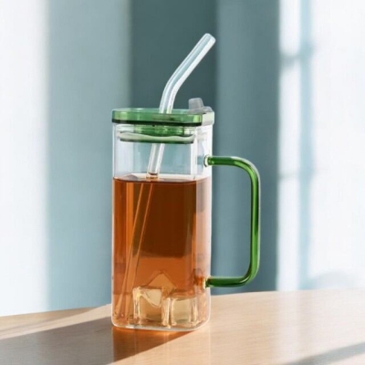 Picture of 400ml Square Glass Cup with Colorful Handle and Acrylic Lid – Borosilicate Glass, Microwave Safe, Scratch Resistant – Perfect for Juice, Coffee, Milk – 1PC.-green