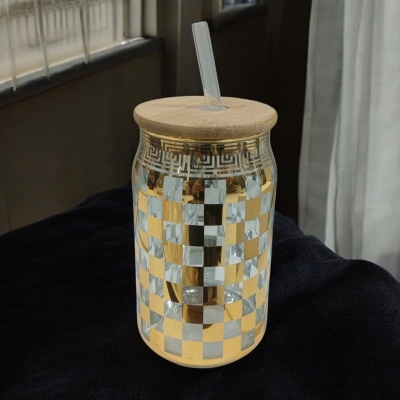 Picture of Durable & Stylish Glass Tumbler – 1Pc 400ml Can Shaped Borosilicate Glass with Printed Body, Bamboo Lid & Glass Straw – Lightweight, Scratch Resistant & Microwave Safe-Golden