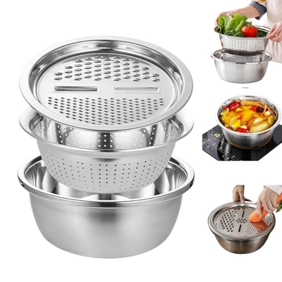 Picture of Kitchen Multipurpose Grater with Drain Basket 3 In 1 Multifunctional, gratter , strainer and bowl Stainless Steel Basin Vegetable Cutter Salad Maker Bowl-Silver