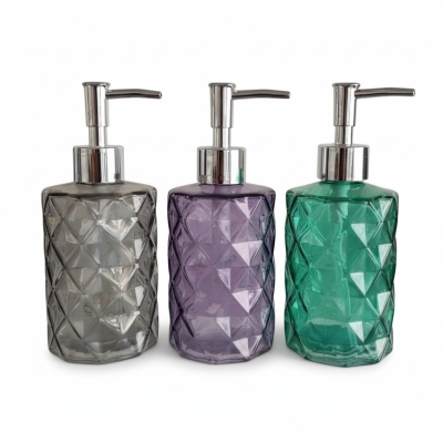 Picture of Elegant glass soap dispenser featuring a geometric diamond design in multiple colors with a premium silver-toned pump perfect for enhancing your bathroom vanity decor or modern kitchen sink countertop with style today.-Multicolor