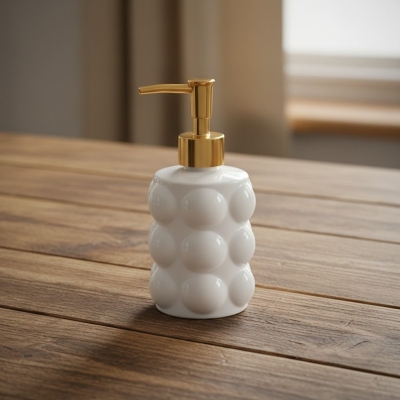 Picture of Modern Luxury White Bubble Ceramic Liquid Soap Dispenser with Elegant Gold Pump for Bathroom and Kitchen Decor, Refillable 300ml Stylish Hand Wash and Lotion Bottle for Premium Interior Aesthetics and Hygiene.-White