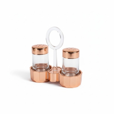 Picture of Premium Quality Glass Salt and Pepper Shaker Set with Stylish Metal Carrying Stand, Ideal Kitchen Condiment Dispenser and Dining Table Spice Container Perfect for Home Use, Restaurants, and Elegant Tabletop Organization.-Multicolor