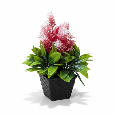 Picture of Artificial Mini Potted Plant with Pink and White Flowers in Black Woven Pot for Home and Office Decor-Multicolor