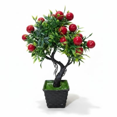 Picture of Decorative Artificial Potted Bonsai Fruit Tree with Realistic Red Apples and Green Foliage for Home and Office Tabletop Decor-Multicolor