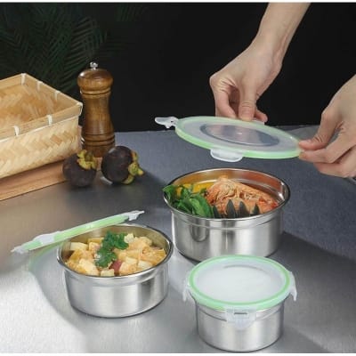 Picture of Preservation Bowl, Heat‑Resistant 304 Stainless Steel with Lid 3Pcs/Set Fridge Storage Box, for Home Refrigerator 15 cm,3cm & 11cm-Multicolor