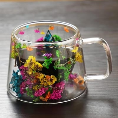 Picture of Glass Coffee Mugs | Insulated Glass Mugs with Handle | Layer Flowers Design Clear 180ml Coffee Cup for Tea Bag, Beverage, Latte, Cappuccino, Coffee-Multicolor