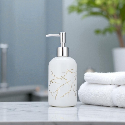 Picture of 1 pcs Glass Soap Dispenser Pump Bottle Press Design Refillable Lotion and Shampoo Container for Bathroom and Kitchen Marble Pattern Hand Soap Dispenser Easy to Fill and Operate 320 ml-Multicolor