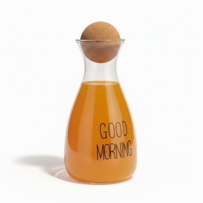Picture of Premium High Borosilicate Good Morning Printed Glass Water and Juice Pitcher Decanter Carafe with Natural Wooden Cork Ball Lid 1500ml Capacity Heat Resistant Glassware for Home Kitchen Dining and Elegant Tabletop Serving-Multicolor
