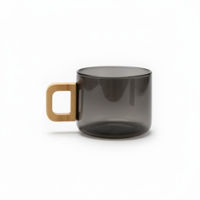 Picture of Premium Smoky Grey Borosilicate Glass Coffee Mug with Ergonomic Natural Walnut Wood Handle, Heat-Resistant Glassware Perfect for Hot Espresso, Latte, and Gourmet Tea Lovers Seeking Elegant and Minimalist Home Decor.-Black