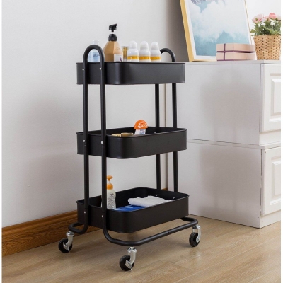 Picture of Heavy Duty Rubbermaid Mobile Storage Organizer 3-Tier Metal Mesh Rolling Utility Trolley Cart With Handle for Kitchen & Bathroom, Black-Black
