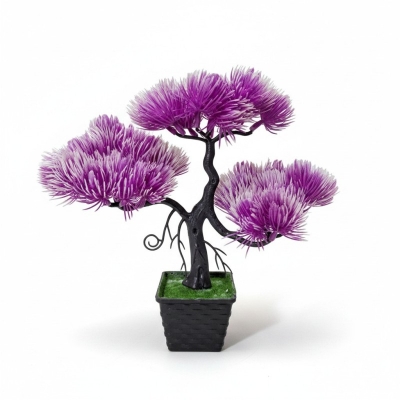 Picture of Purple Artificial Pine Bonsai Tree in Black Pot for Office Desk, Home Decor, and Tabletop Table Centerpiece-purple