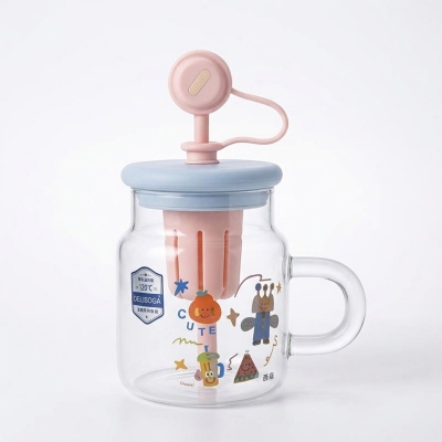Picture of 1 pcs  Cup with Straw and silicon lid for Women, Cute Printed Design, Food Grade Material, Heat Degree Cup, Separation Tea Filter, Standardization with Handle 950 ml pink-Pink