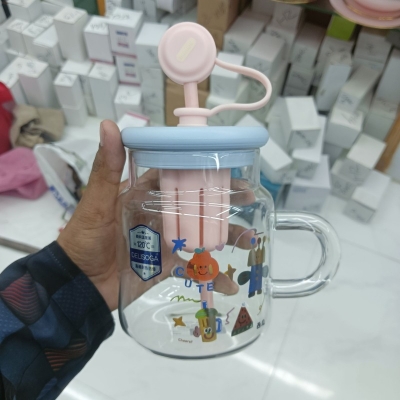 Picture of 1 pcs  Cup with Straw and silicon lid for Women, Cute Printed Design, Food Grade Material, Heat Degree Cup, Separation Tea Filter, Standardization with Handle 950 ml pink-Pink