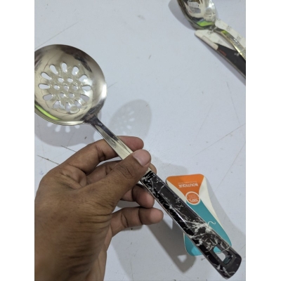 Picture of Premium Yachule Stainless Steel Skimmer Spoon with Faux Marble Heat Resistant Handle for Fine Straining-Silver