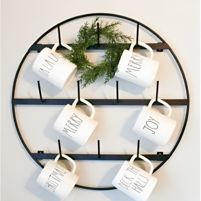 Picture of Wall-Mounted Circular Metal Mug Rack with Multiple Hooks – Coffee Mug and Teacup Organizer for Kitchen, Coffee Bar, and Dining Room Decoration-Black
