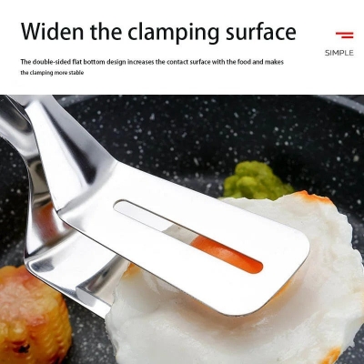 Picture of 1 pcs Stainless Steel Double-Sided Shovel Clip Anti-Scald BBq Barbecue Tong Fried Steak Shovel Fried Fish Shovel Vegetable Clamp Tool-Silver