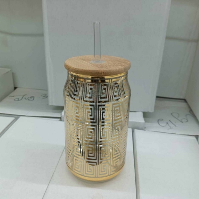 Picture of Printed Glass Tumbler with Lid – 1Pc 400ml Can Shaped Borosilicate Glass with Bamboo Lid & Glass Straw – Perfect for Coffee, Juice & More – Lightweight & Scratch Resistant-golden