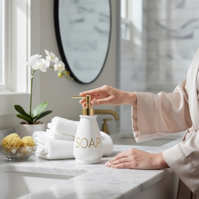 Picture of Luxury white glass liquid soap dispenser featuring a premium gold-colored pump and decorative SOAP gold lettering perfect for enhancing your bathroom vanity decor or modern kitchen sink countertop with elegant style.-white
