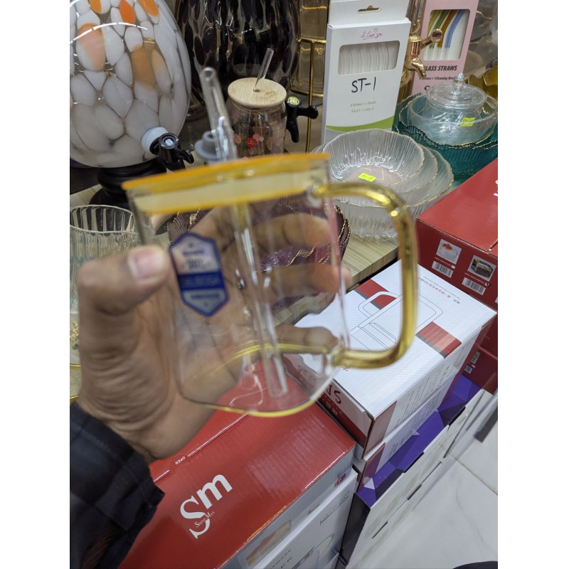Picture of Premium Delisoga 490ml Borosilicate Square Glass Mug with Lid and Straw, Heat-Resistant Drinking Glass for Iced Coffee, Fresh Juice, Milk, and Smoothies with a Comfortable Stylish Square Handle for Daily Home Use.-Multicolor