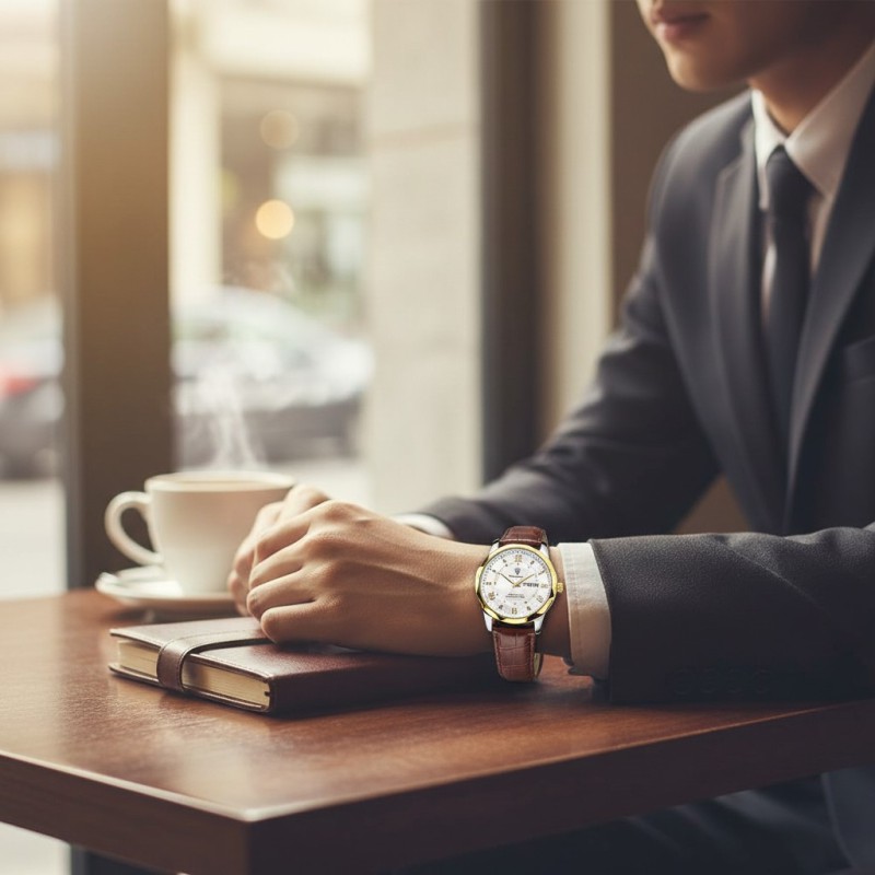 Picture of Luxury Men’s Quartz Watch with Genuine Brown Leather Strap Black Dial Analog Display Water Resistant Business Casual Wristwatch for Gents High Quality Fashion Timepiece Perfect Gift for Men Online Shopping.-Multicolor