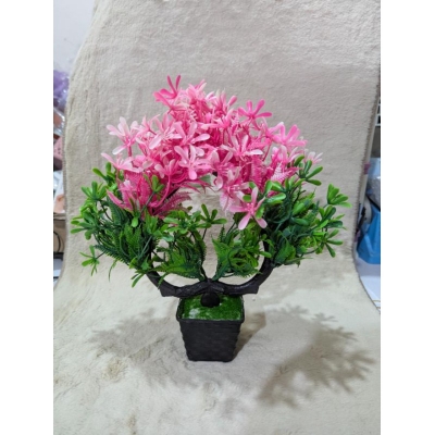 Picture of Premium Two-Headed Pink Artificial Flower Bonsai Plant with Black Pot for Elegant Home and Office Tabletop Decoration-Multicolor