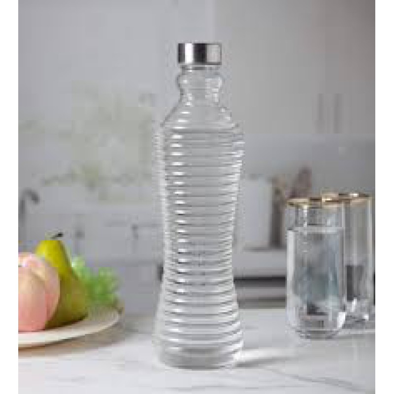 Picture of 1 Liter Reusable Water Bottle – Twisted Glass with Silver Toned Cap – Transparent Look – Round Closure – Durable & Leakproof – Great for Kitchen, Dining, Fridge or Office Use-Multicolor