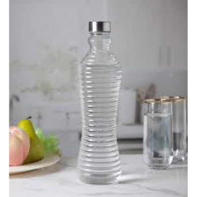 Picture of 1 Liter Reusable Water Bottle – Twisted Glass with Silver Toned Cap – Transparent Look – Round Closure – Durable & Leakproof – Great for Kitchen, Dining, Fridge or Office Use-Multicolor