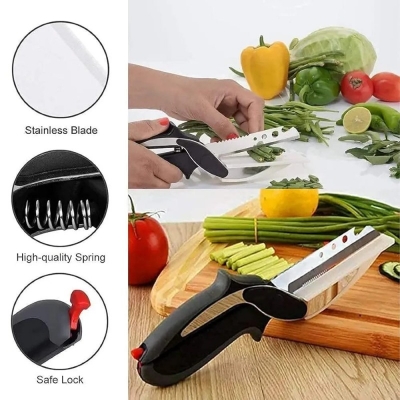 Picture of 5 in 1 Smart scissor   Stainless Steel Multi Functional Kitchen Vegetable Clever Cutter Scissor for Home/Kitchen with Lock System Clever Cutter Chopper Pack of 1-Multicolor