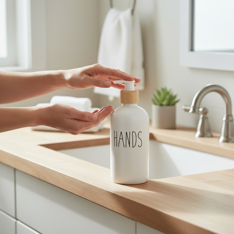 Picture of Premium white glass refillable soap dispenser set for hands and dishes featuring a coordinated kitchen look with durable pumps perfect for enhancing your sink vanity decor with elegant and modern style.-white
