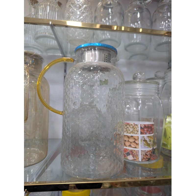 Picture of Premium 1.8L Hammered Borosilicate Glass Pitcher with Stainless Steel Filter Lid, Heat & Cold Resistant Water Jug, Elegant Gold Handle Beverage Carafe for Iced Tea, Juice, and Home Infusions-Multicolor