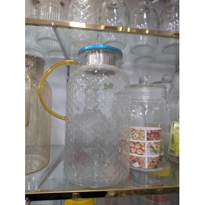 Picture of Premium 1.8L Hammered Borosilicate Glass Pitcher with Stainless Steel Filter Lid, Heat & Cold Resistant Water Jug, Elegant Gold Handle Beverage Carafe for Iced Tea, Juice, and Home Infusions-Multicolor