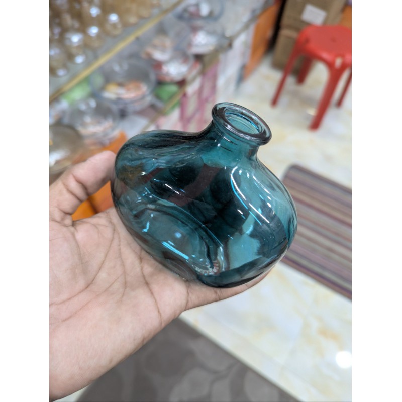 Picture of Elegant Handcrafted Teal Blue Recycled Glass Vase with Organic Bulbous Shape and Lipped Opening, Perfect Eco-Friendly Mediterranean Style Decorative Flower Bottle for Modern Sustainable Home Decor Accents and Unique Artisanal Gifting.-Multicolor
