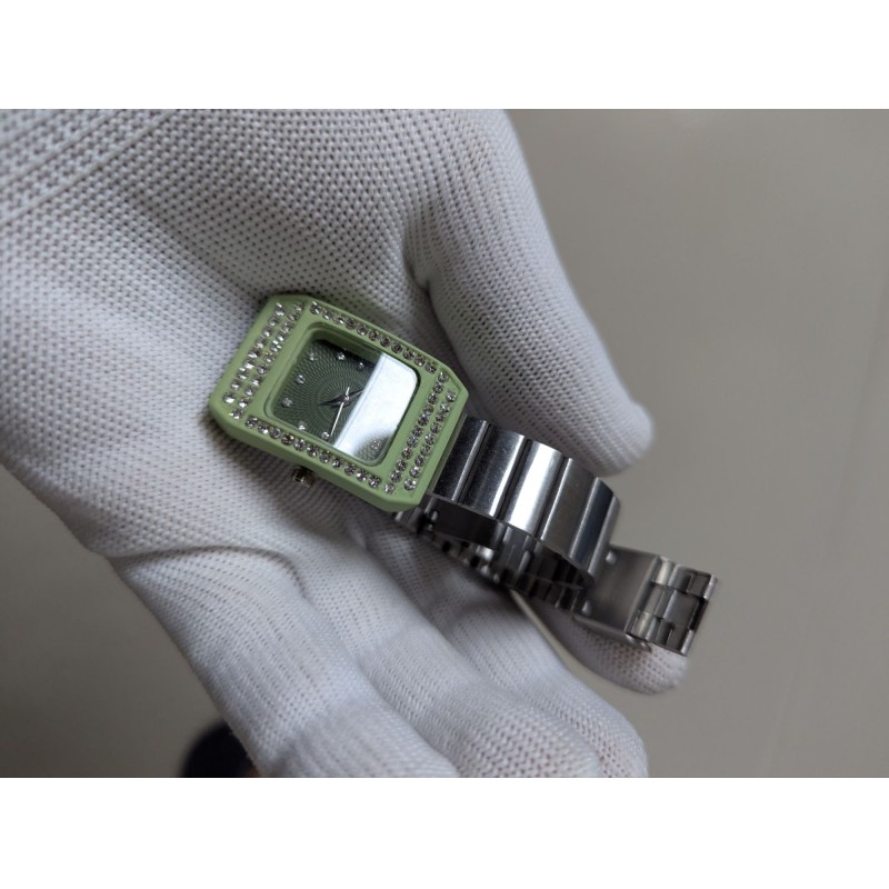 Picture of Luxury Women’s Silver Metal Watch Featuring Lime Green Square Case Rhinestone Crystal Bezel Textured Emerald Green Dial and Premium Stainless Steel Link Bracelet Band for Elegant Fashion Statement and Reliable Timekeeping.-Multicolor