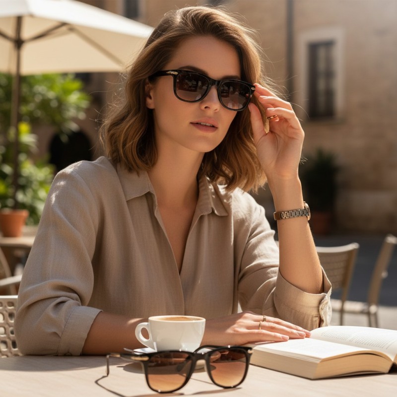 Picture of Classic Wayfarer Sunglasses with Black Frame and Brown Gradient Lenses-Gold
