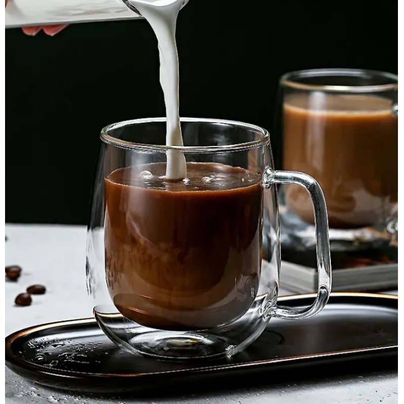 Picture of 1 Borosilicate Glass Coffee Mug Clear Drinkware Glassware Dinking Glasses Espresso Tumbler Iced Coffee Cups Tea Mug Double Wall Glass Cup with Handle 350 ml-Multicolor