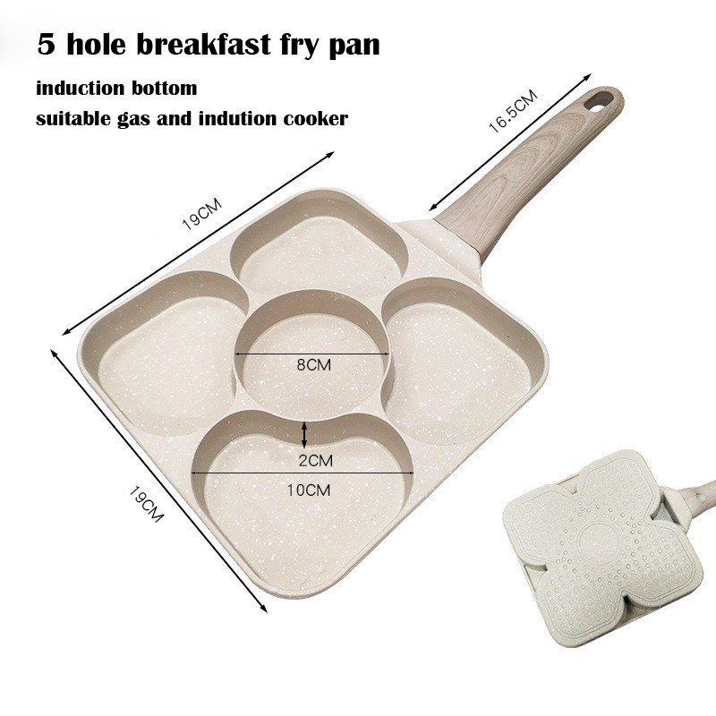 Picture of Premium Non-Stick 5-Hole Egg Frying Pan and Pancake Maker with Granite Coating, Multi-Sectional Divided Breakfast Skillet for Even Heat Distribution, Heart-Shaped Molds, and Ergonomic Wood Handle, Compatible with Induction and Gas Stoves.-Multicolor