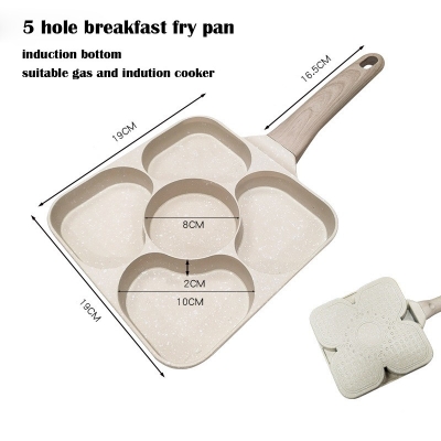 Picture of Premium Non-Stick 5-Hole Egg Frying Pan and Pancake Maker with Granite Coating, Multi-Sectional Divided Breakfast Skillet for Even Heat Distribution, Heart-Shaped Molds, and Ergonomic Wood Handle, Compatible with Induction and Gas Stoves.-Multicolor