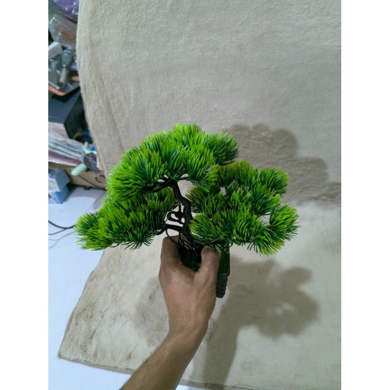 Picture of Artificial Bonsai Pine Tree in Black Decorative Pot – Realistic Faux Greenery for Home Office Desk Decor, Bookshelf, and Indoor Zen Aesthetic Styling-Green