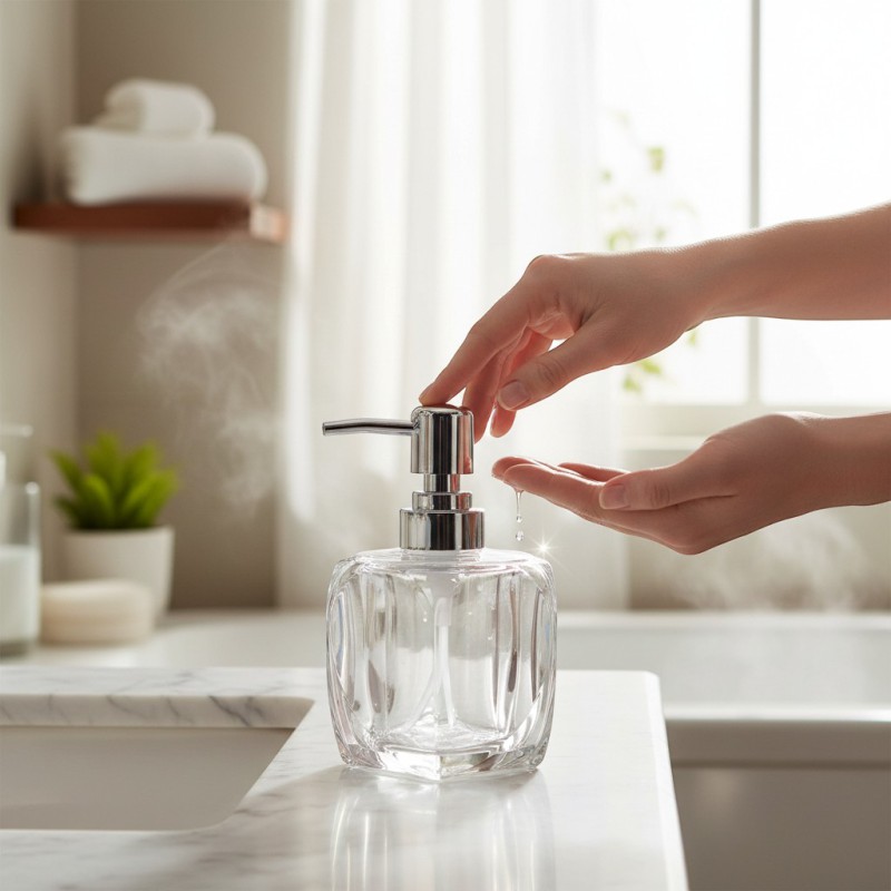 Picture of Premium Marsella white solid acrylic soap dispenser featuring a sleek chrome-finished pump mechanism perfect for enhancing your bathroom vanity decor or modern kitchen sink countertop with a sophisticated and durable touch.-white