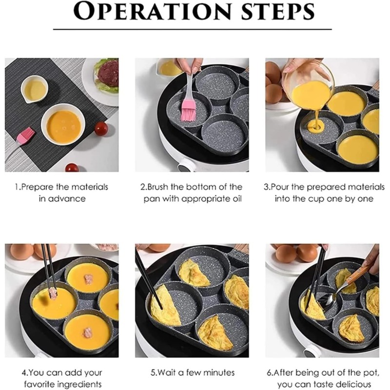 Picture of New 4-Hole Non-Stick Frying Pan with Maifan Stone Coating for Cooking Perfect Omelets Pancakes and Burgers Featuring a Heat-Resistant Wooden Handle Compatible with Gas Stoves and Induction Cooktops for Easy Breakfast Preparation.-Multicolor