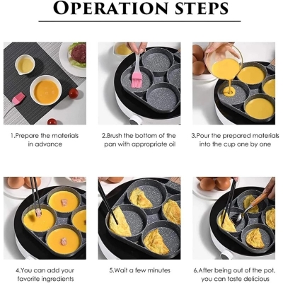 Picture of New 4-Hole Non-Stick Frying Pan with Maifan Stone Coating for Cooking Perfect Omelets Pancakes and Burgers Featuring a Heat-Resistant Wooden Handle Compatible with Gas Stoves and Induction Cooktops for Easy Breakfast Preparation.-Multicolor