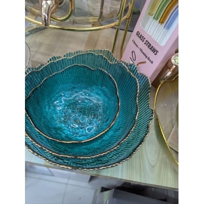 Picture of Premium 3-Piece Golden Rim Glass Serving Bowl Set Featuring Elegant Petal Shaped Flower Design, Vibrant Teal Blue Crystal Glass, and Decorative Wavy Ribbed Texture for Stylish Salads, Fruits, Desserts, and Luxury Table Decor-Multicolor