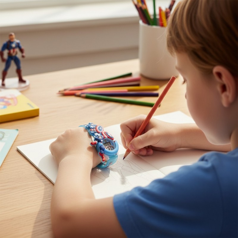 Picture of Marvel Avengers Captain America Digital Watch for Boys with 6 Image Projection, 3D Character Design, Blue Silicone Strap, Musical LED Light Feature, and Interactive Digital Clock Display for Kids Birthday Gift.-Blue