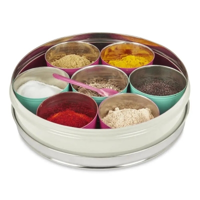 Picture of Premium Stainless Steel Masala Dabba Spice Box with 7 Containers and Airtight Transparent Lid for Modern Kitchen Organization, Perfect for Storing Indian Spices, Herbs, and Dry Fruits with Long-lasting Freshness Today.-Silver