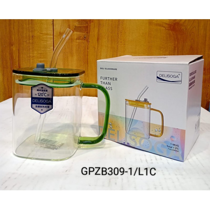 Picture of 490ml Clear Borosilicate Glass with Square Design, Colorful Handle, Acrylic Lid & Straw – Microwave Safe, Scratch Resistant – Ideal for Coffee, Milk, Juice – 1PCS.-yellow