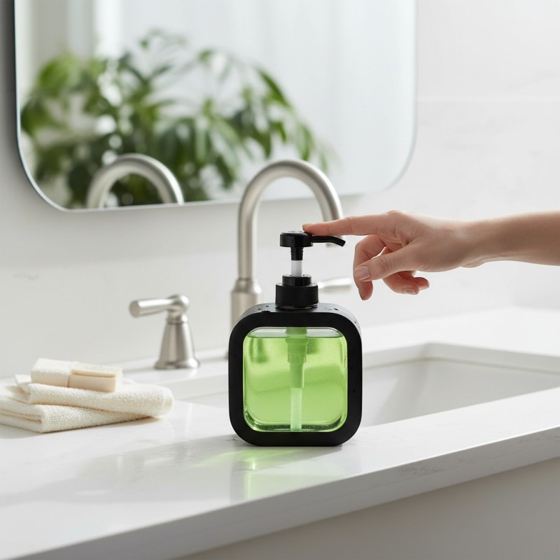 Picture of Modern Black square-shaped plastic soap dispenser featuring a clean exterior shell and a clear internal window for easy liquid level monitoring perfect for enhancing your bathroom vanity or modern kitchen sink decor.-black