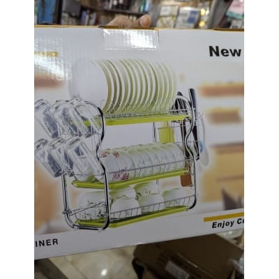 Picture of Premium 3-Tier Stainless Steel Kitchen Dish Drying Rack with Green Drip Trays, Utensil Holder, and Glass Hangers – Heavy Duty, Rust-Proof Tableware Organizer and Space-Saving Countertop Drainer for Bowls, Plates, and Cups-Multicolor