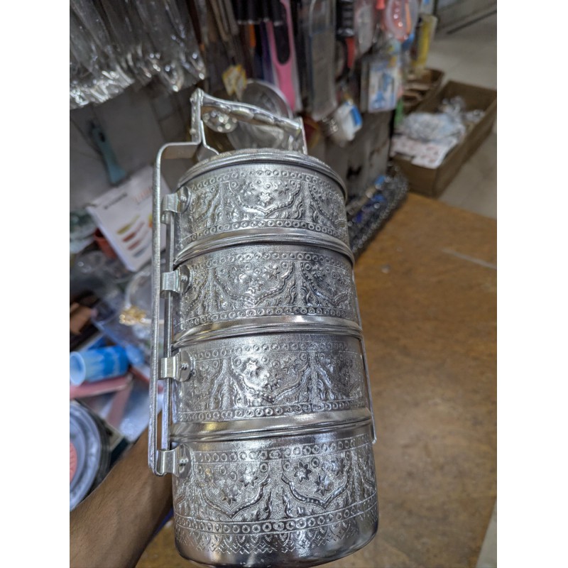 Picture of Vintage Thai Aluminum 4 Tier Tiffin Food Carrier Pin Toe Traditional Embossed Silver Color Multi Layer Lunch Box Ideal for Keeping Food Warm-Multicolor