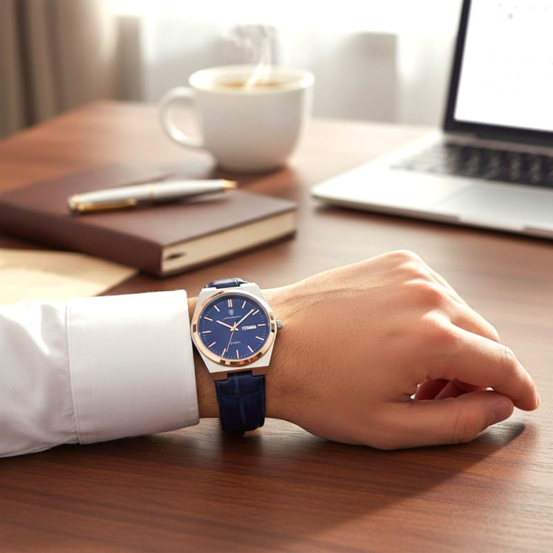 Picture of Men's Luxury Fashion Quartz Watch with Premium Blue Leather Strap, Waterproof Luminous Calendar Display, and Elegant Rose Gold Bezel Design for Sophisticated Business Professionalism and Everyday Classic Style Wear.-Blue